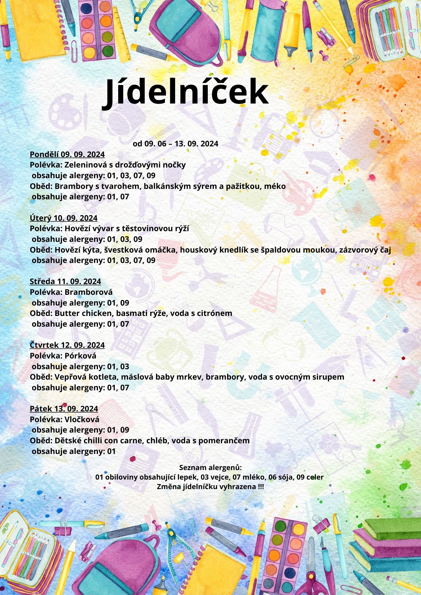 Jídelníček 09- 13. 09. 2024