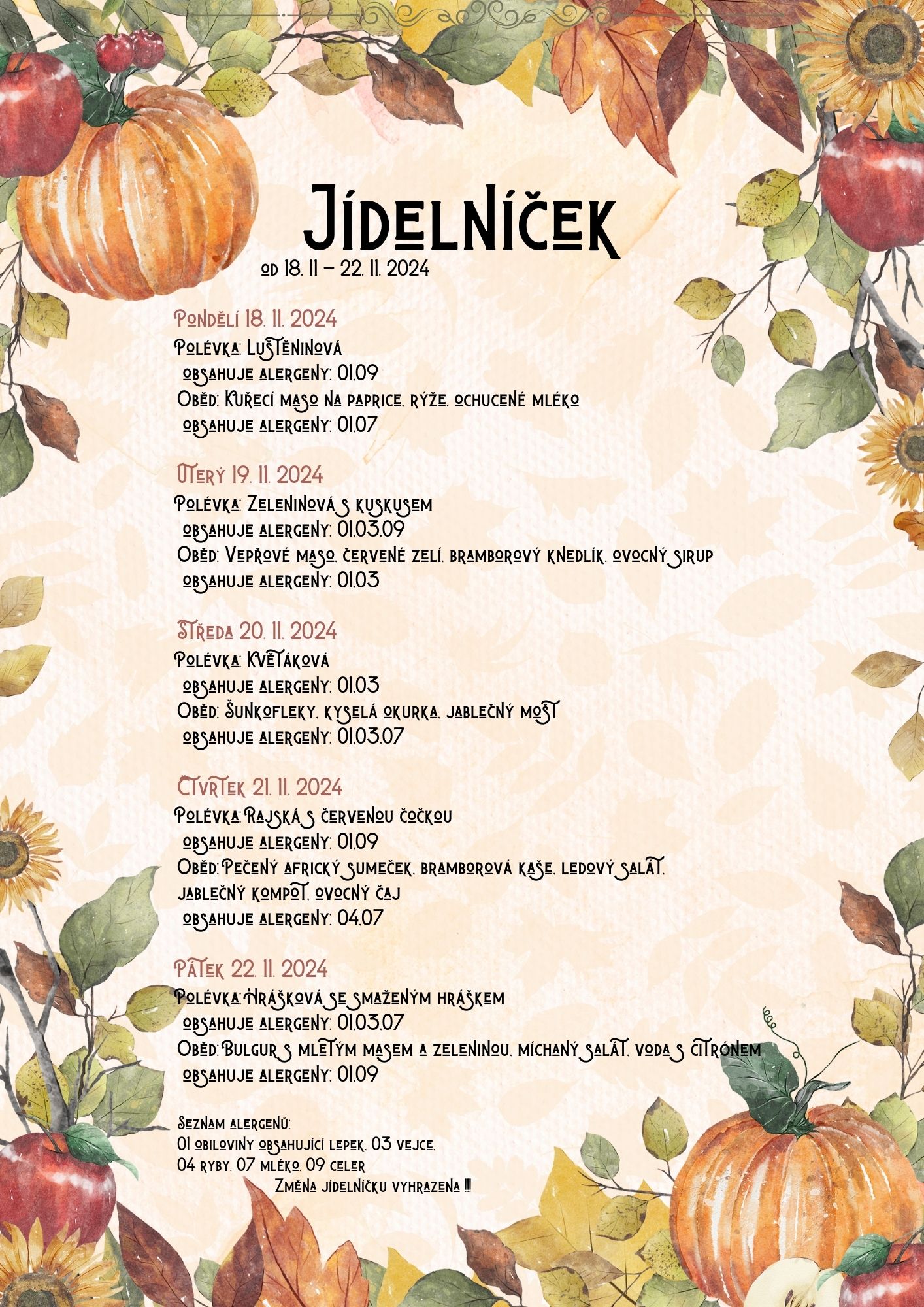 12. Jídelníček 18 – 22. 11. 2024